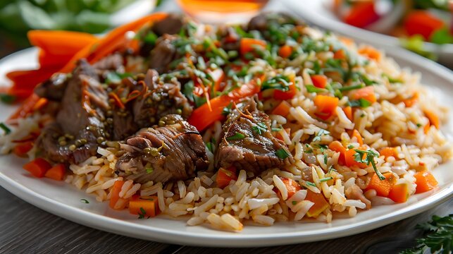 Aromatic pilaf featuring rich brown meat chunks and bright orange carrots on a white plate.