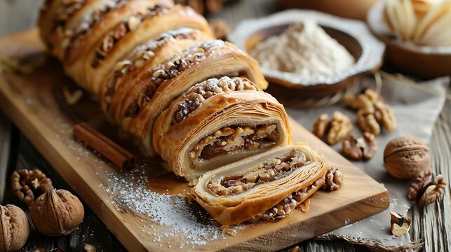 Sliced walnut strudel pastry shows flaky layers filled with nuts and dusted lightly with sugar.