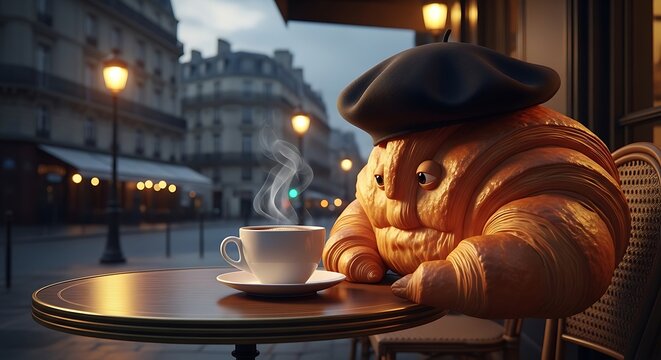 Sentient oversized croissant character enjoying coffee at a Paris cafe
