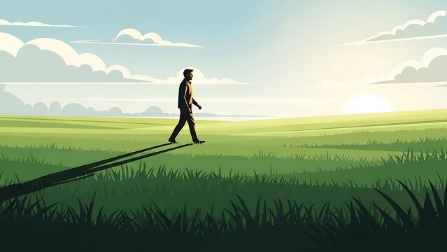 Man walking alone in green field.