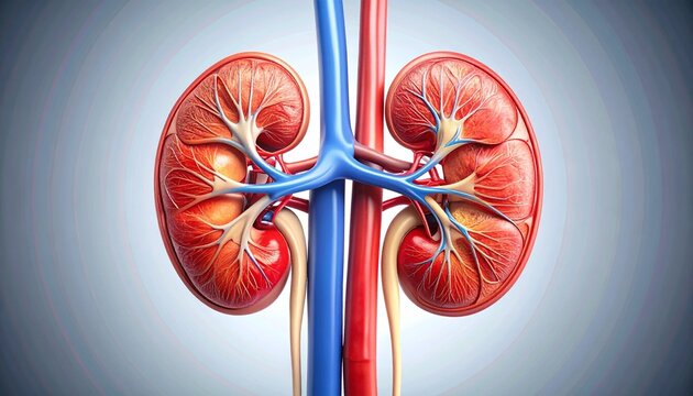 "Detailed anatomical illustration of kidneys with arteries and veins highlighted in red and blue"