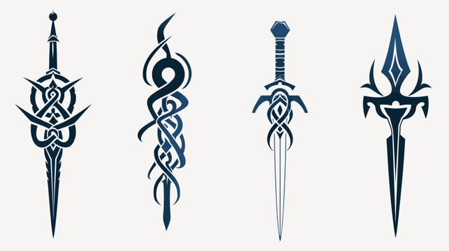 Four unique, stylized dark blue swords with intricate knotwork details