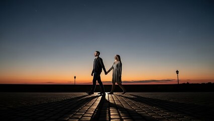 Fototapeta premium Couple holding hands at sunset.