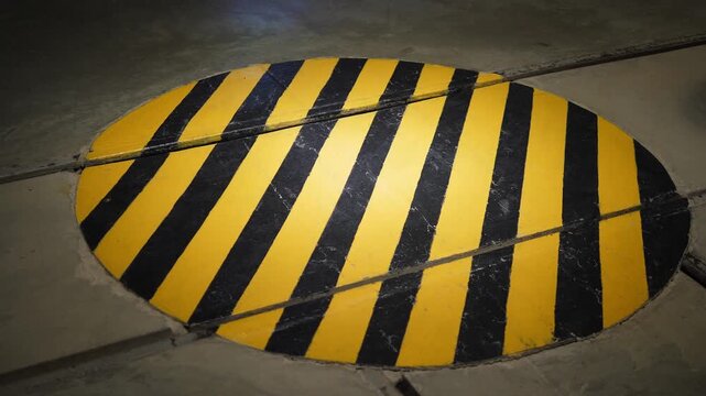 Round danger zone sign on the floor. Yellow-black warning sign in the industrial safety zone inside the factory. Warning strips. Zone of caution and attention.