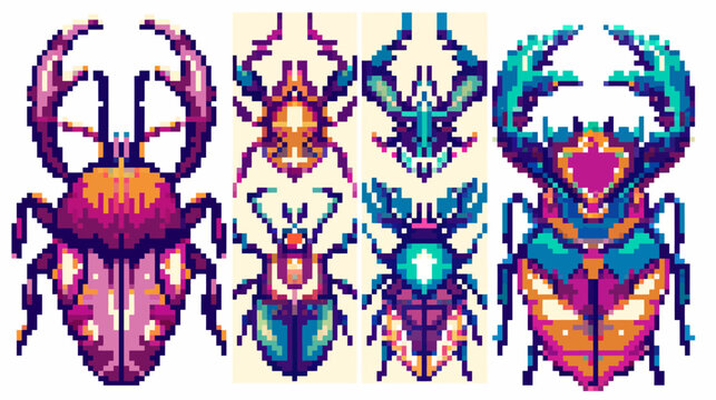 Pixel art of four vibrant beetles displayed side-by-side against a cream background