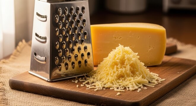 Grated cheese on wooden cutting board with metal grater and block