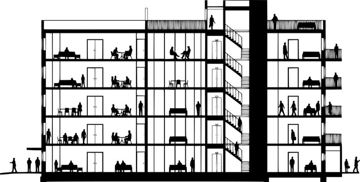 Architectural section drawing of a modern multi story building with people depicted on each floor