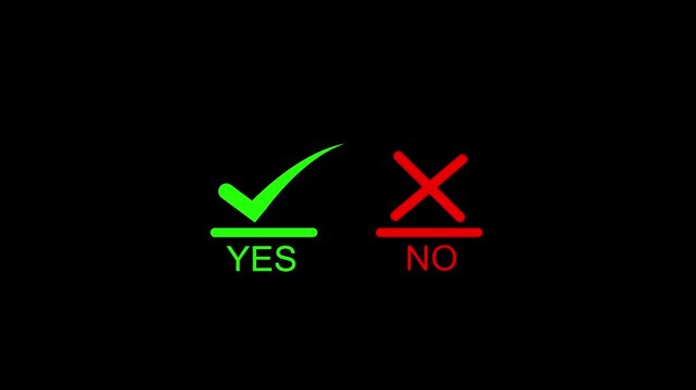 Green checkmark yes and red x no symbols on black background decision making concept check mark
