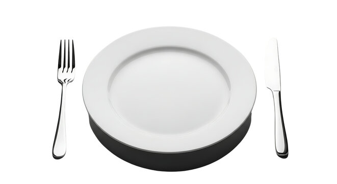 empty white dinner plate with polished fork and knife cutlery set for a minimalist table setting on a dark surface