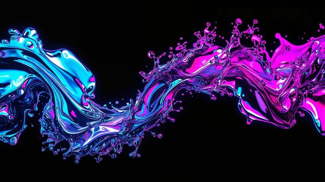 Abstract macro of molten liquid silver blending with glowing neon ink