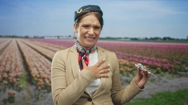 Woman flight attendant in uniform holding toy airplane, hand on chest grimacing in tulip field near airport; anxiety duty travel.