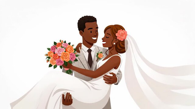 A cartoon bride and groom on their wedding day isolated on white background