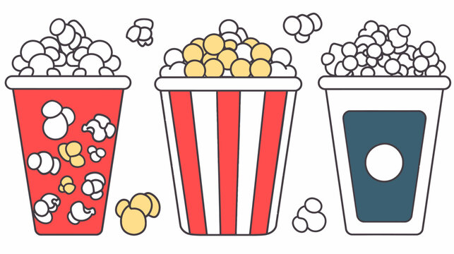 Three buckets of popcorn in various colors and shapes are presented as vectors