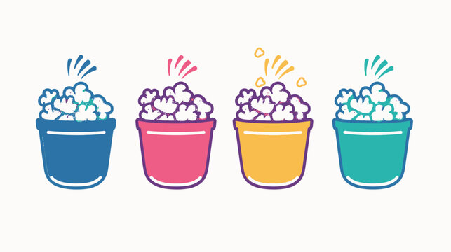 Four containers of popcorn in different colors, each with celebratory accents