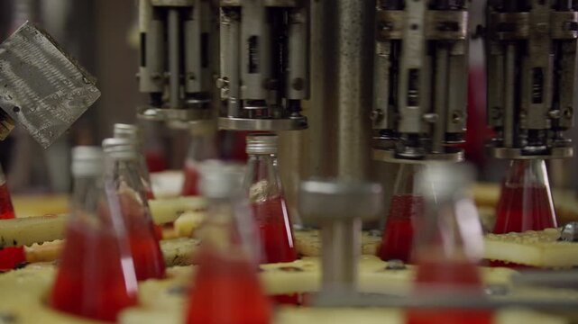 Bottling of Beverage: A close-up view capturing the dynamic process of filling bottles with a vibrant, refreshing drink in an automated factory.