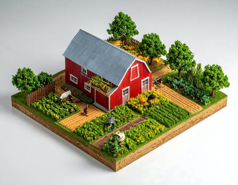 Miniature farm scene with red barn, garden beds, trees, and tiny human figures