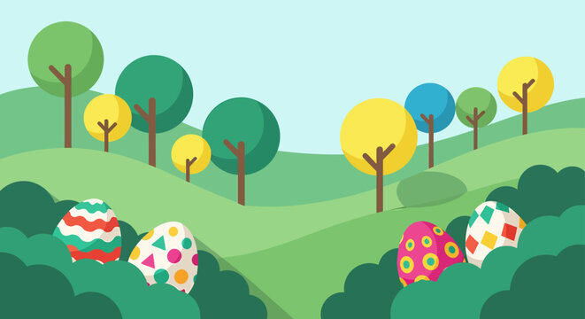 easter egg hunt flat design spring holiday illustration colorful eggs hidden in green bushes on rolling hills.