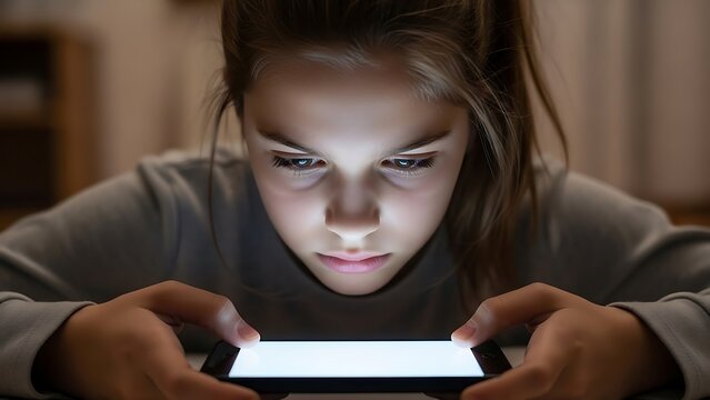 Woman using smartphone in dim light.