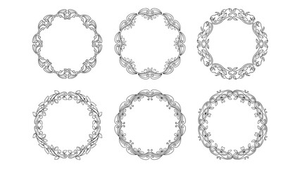 Obraz premium Set of six ornate circular floral frames with intricate line work and delicate patterns for elegant wedding and stationery design.
