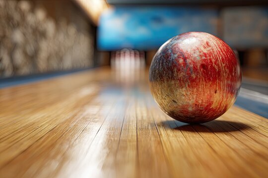 A vibrant bowling ball rests on a polished wooden lane at the start of a game, ready for action