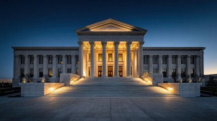 Obraz premium Wide View of Courthouse Building at Dusk Showing Classical Architecture and Illuminated Columns in a Deep Blue Sky
