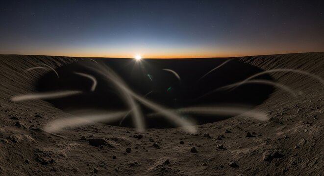 Faint dust devil trails swept across a rocky planet surface under a sunrise horizon