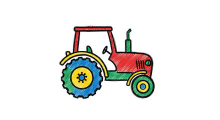 Obraz premium Hand-drawn red tractor illustration, colorful crayon style farm vehicle, playful agricultural machinery sketch on white background