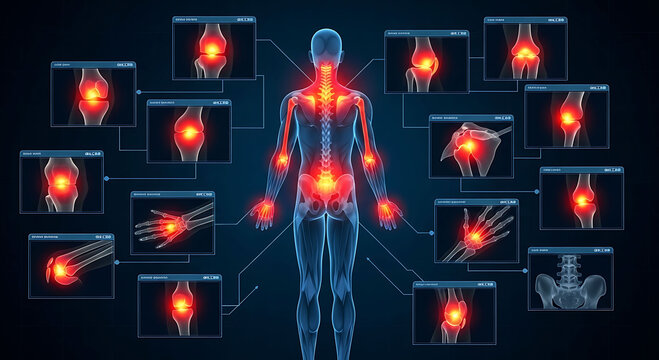 Human body anatomy showing joint pain points and inflammation in skeleton model