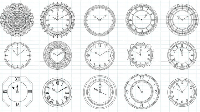 Selection of fifteen different vintage clock face designs featuring roman and arabic numerals on a grid pattern paper for craft projects.