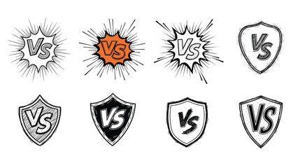 Fototapeta premium Collection of versus battle icons featuring VS text inside lightning bolts and shield shapes for competition and tournament graphics.