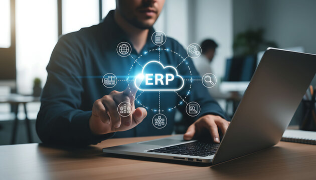 Man using cloud ERP system for business process management and data integration