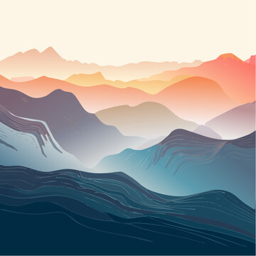 Serene layered mountain landscape vector art with an ethereal gradient sky, showcasing a breathtaking natural vista in abstract style, evoking peace and vastness