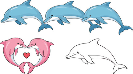 Cute Dolphin Cartoon Character Set with Different Poses Including Jumping Swimming and Love Heart Composition Vector Illustration for Marine Life Design © EdGe Creative
