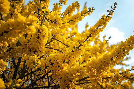 vibrant yellow flowers blooming on a bush against a clear blue sky in a sunny spring garden