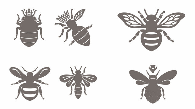 Six grey bee vector graphic illustrations isolated on a white background