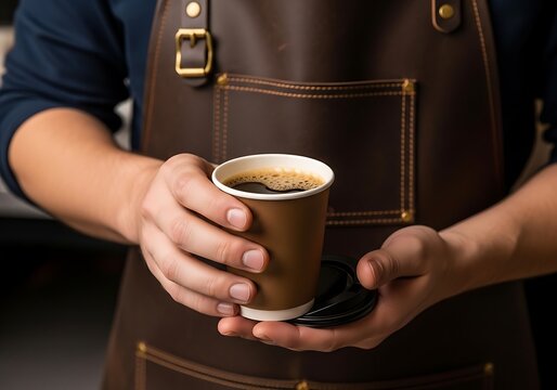 Person wearing brown apron holding white disposable coffee cup with black lid hands