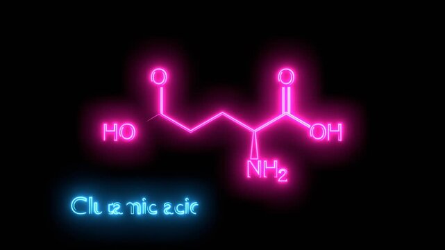 Glutamic acid chemical formula. Glutamic acid chemical molecular structure. Medical and scientific concepts. Neon glowing.
