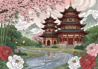 Obraz premium Traditional japanese pagodas with cherry blossoms beside winding river temple architecture