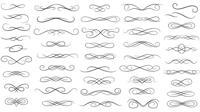 Huge set of decorative scroll elements and line dividers featuring elegant flourishes for use in classic stationery and wedding invitation designs.