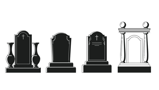 Set of different gravestone silhouettes including simple markers and more elaborate monuments for cemetery and memorial design compositions.