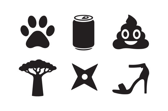 Collection of six black silhouette icons paw print can and more