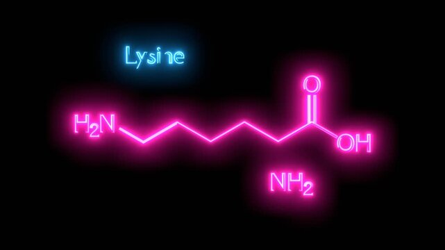 Lysine amino acid chemical formula. Biomolecules that combine to form proteins nutrients necessary for health muscle. For dietary supplements ads. Medical scientific. Neon glowing.