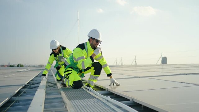 Professional technicians in safety vests and hard hats inspecting solar panel installation on a rooftop under a clear blue sky, emphasizing renewable energy, sustainability, and green technology.