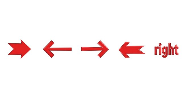 Set of four red directional arrows pointing left right and double sided on white background