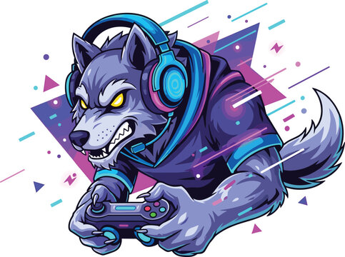 Gaming Wolf Mascot Cartoon Character with Headphones and Controller, Aggressive Esports Animal Illustration for Logo, Stream Branding and Vector Design