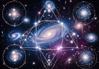 Fototapeta premium Cosmic Geometry: Interconnected Galaxies and Nebulas in the Void of Space
