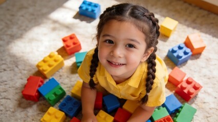 Obraz premium Young girl playing with colorful building blocks