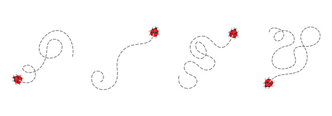Cute ladybug characters collection. Flying cartoon ladybug with dotted path. Ladybugs flying on dotted route. ladybug icon set. Insects group. illustration isolated on white.  © Agastya 897