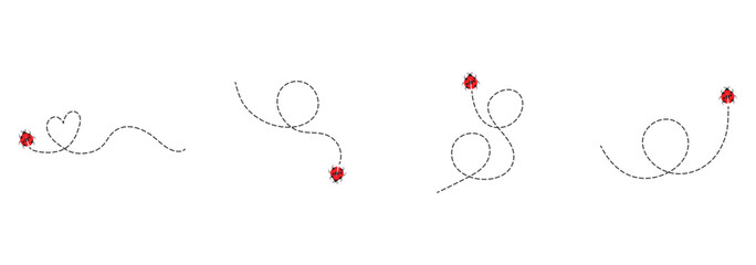 Cute ladybug characters collection. Flying cartoon ladybug with dotted path. Ladybugs flying on dotted route. ladybug icon set. Insects group. illustration isolated on white.  © Agastya 897