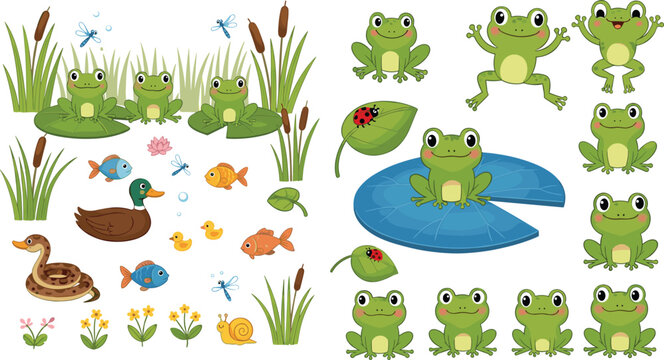 Cute Frog Cartoon Set with Pond Elements, Lily Pads, Fish, Duck and Insects, Adorable Amphibian Characters for Kids Illustration and Vector Collection